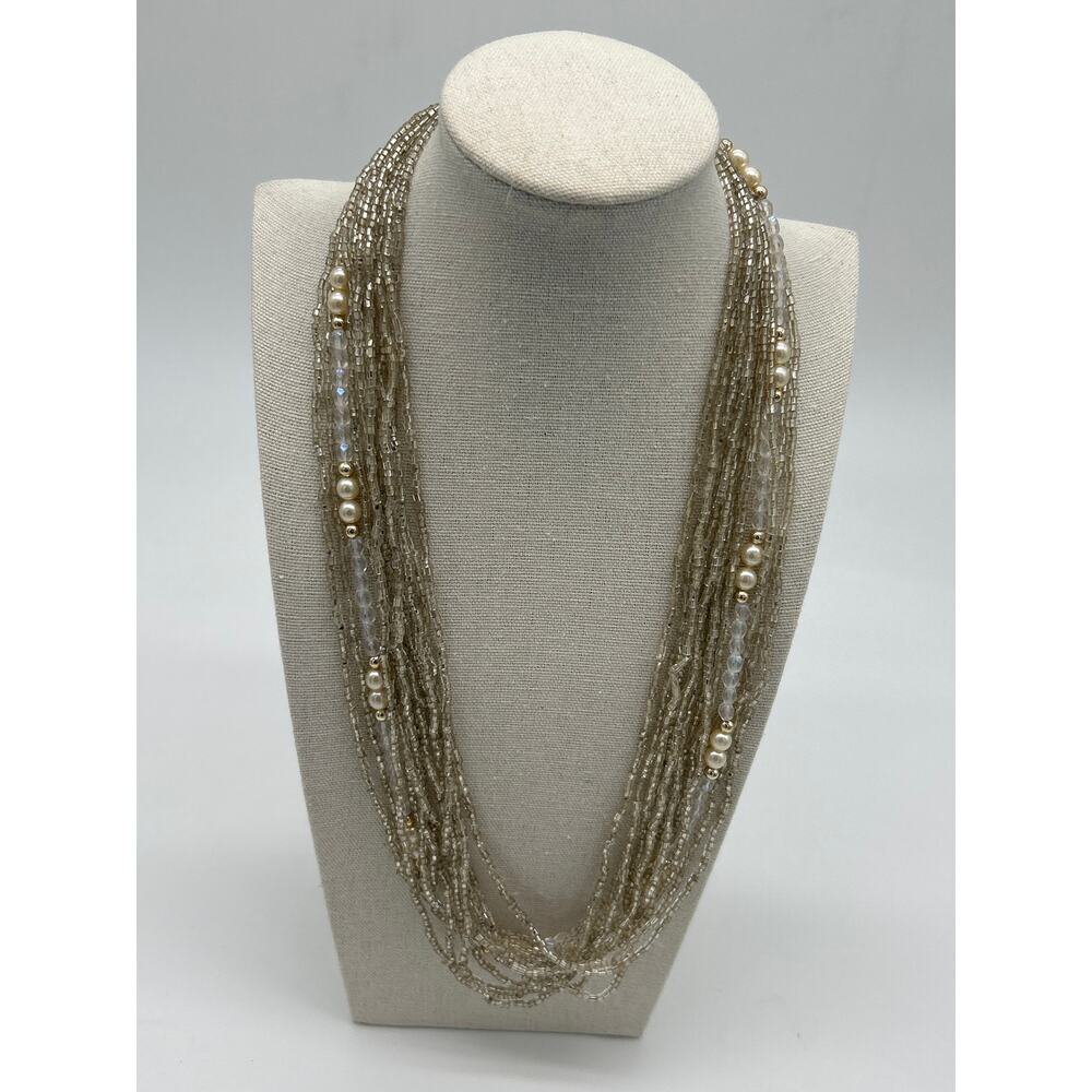 Multi Strand Seed Bead & Faux Pearl Necklace Gold Tone Clasp Boho Statement Bib